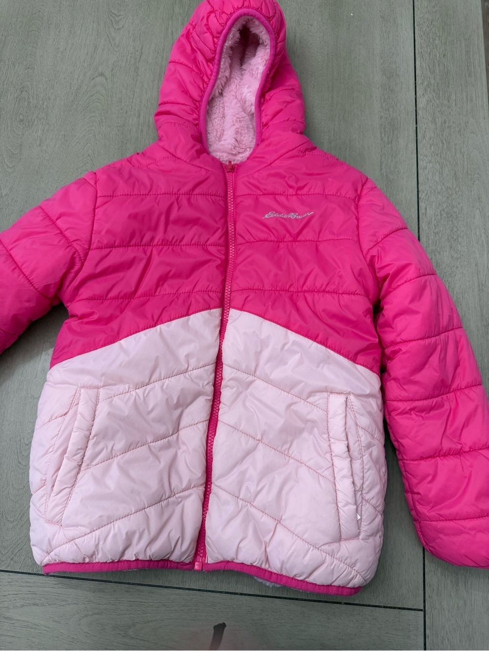 Eddie Bauer Girls' Two-Tone Hot Pink and Light Pink Hooded Puffer Reversible 6
